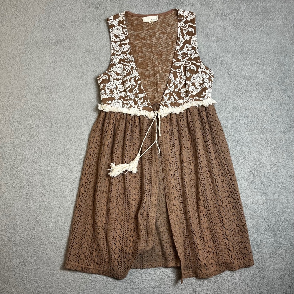 a'reve Anthro Brown Floral Embroidered Lace Boho Vest with Tassels Coverup Small - Picture 3 of 8